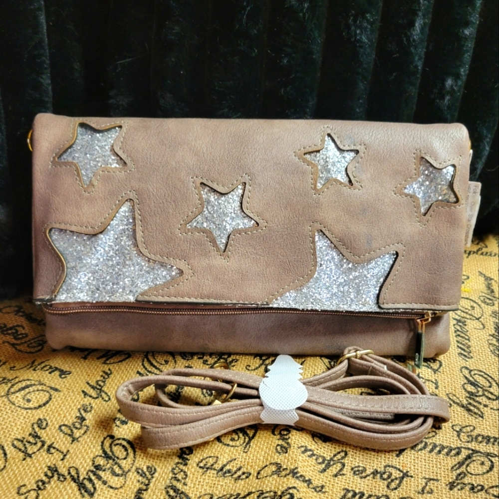 Jean Marie's star fold over crossbody bag taupe silver stars c